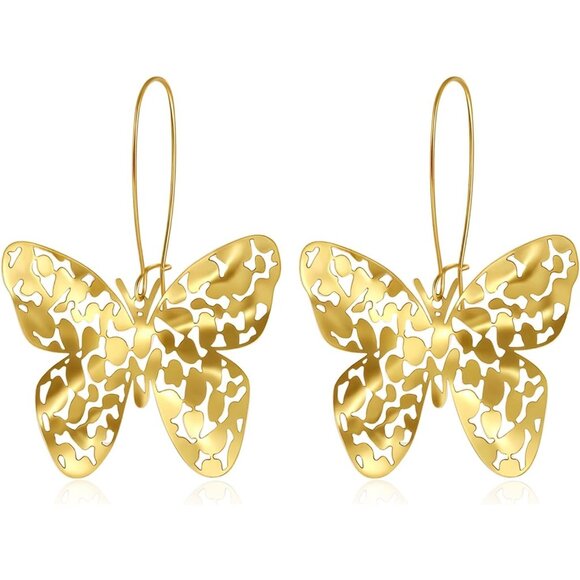 Big Gold Hollow Out Boho Geometric Hook Statement Gold Butterfly Dangle Earrings - Picture 1 of 8